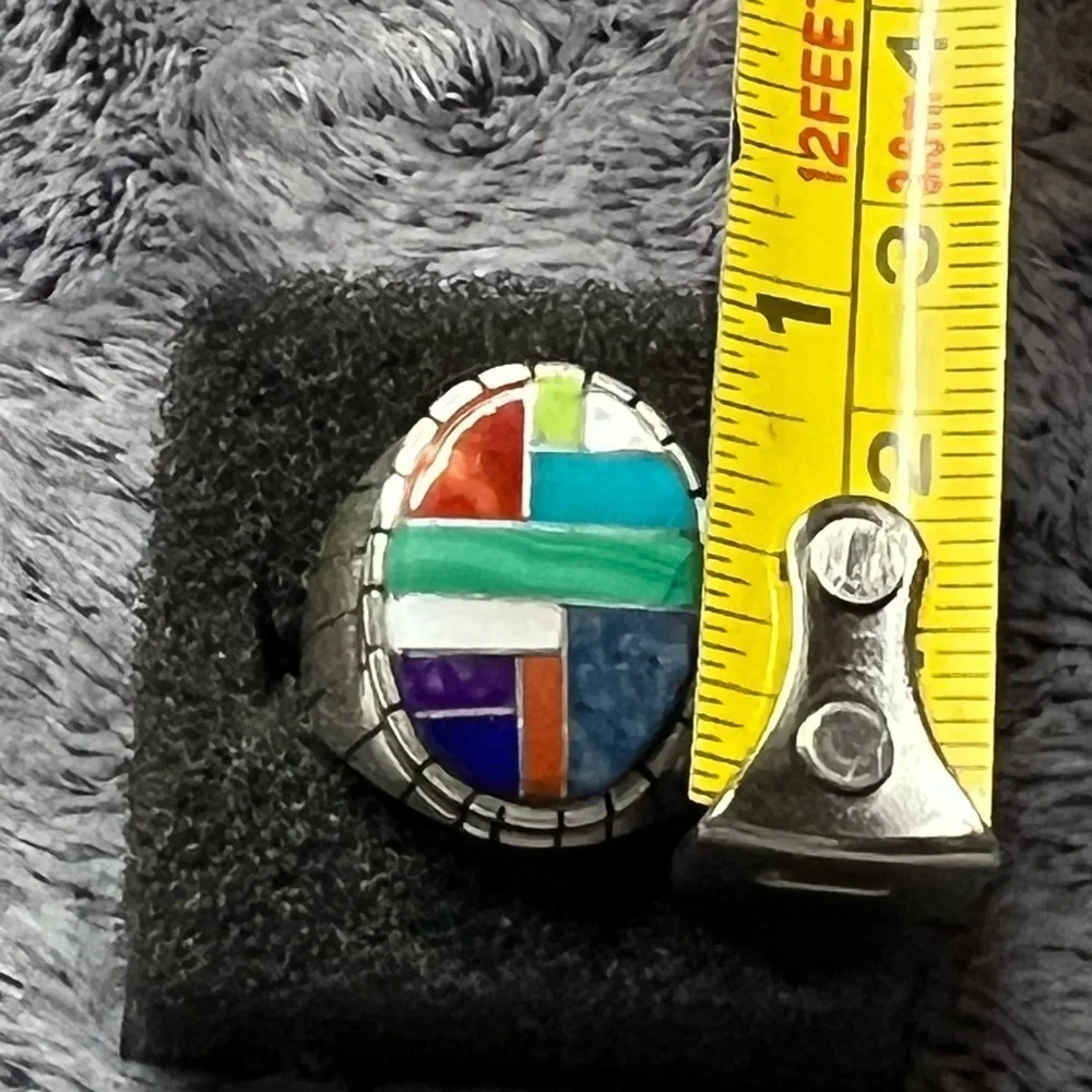 Men’s Native American Sterling Silver Multi Stone Inlay Signet Ring Size 9